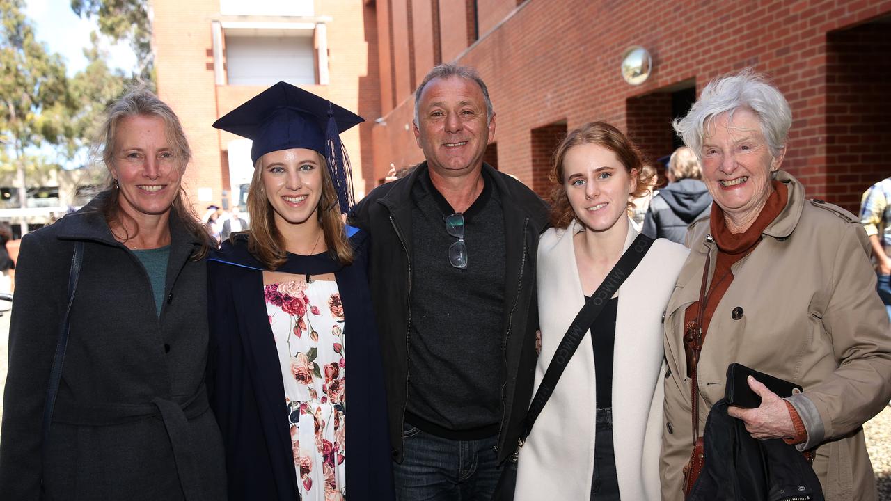 Jennifer Tolios, Anastasia Tolios, Nick Tolios, Eleni Tolios and Helen Coggle at Deakin University post-graduation celebrations on Friday afternoon. Picture: Alan Barber