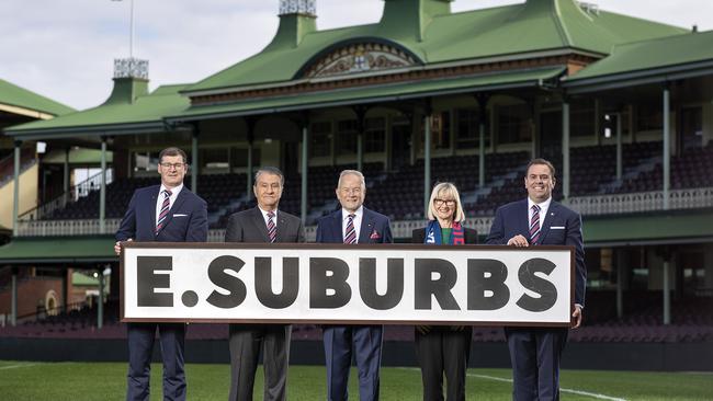 Joe Kelly (Roosters CEO), Nick Politis (Roosters chairman), Tony Shepherd (SCG Trust chairman), Kerrie Mather (SCG Trust CEO) and Jarrod Johnstone (Roosters COO) at the stadium announcement. Picture: Gregg Porteous