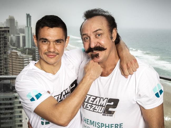 Tim Tszyu and celebrity doctor Bill Anseline (right), who has helped create a COVID-safe training base for the boxer on the Gold Coast ahead of the Jeff Horn fight in Townsville.Picture: NIGEL HALLETT