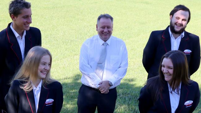 Toormina High School captains (from left) Mitch Hickey (captain), Phylicia Stock (captain), Paul Humphrey (Principal), Jake Simpson (vice-captain), Molly Ward (vice-captain).