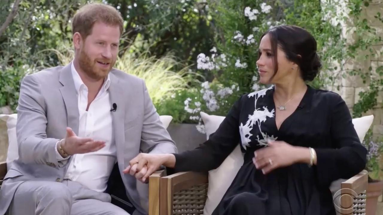 Harry and Meghan during their explosive interview with Oprah Winfrey. Picture: CBS