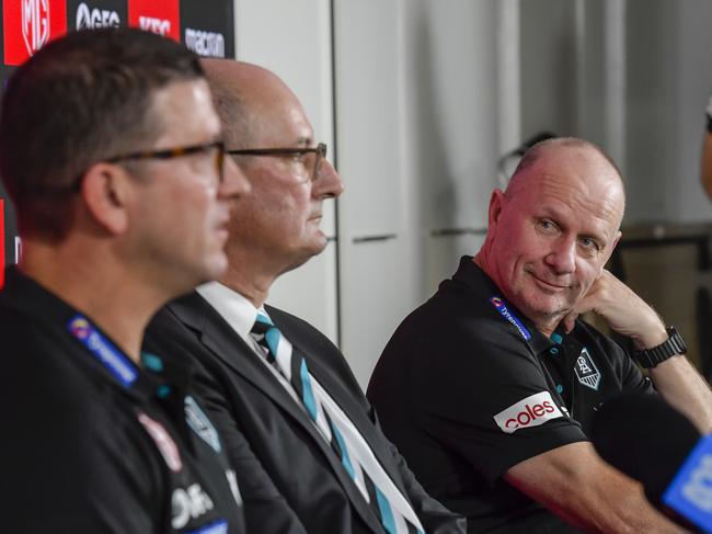 Hinkley and Carr with Port chairman David Koch at the succession announcement. Picture: RoyVPhotography