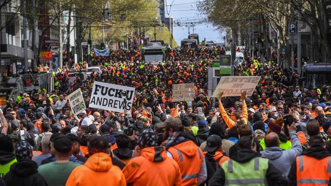 Protesters against Covid-19 regulations in Melbourne on Tuesday. Picture: AFP