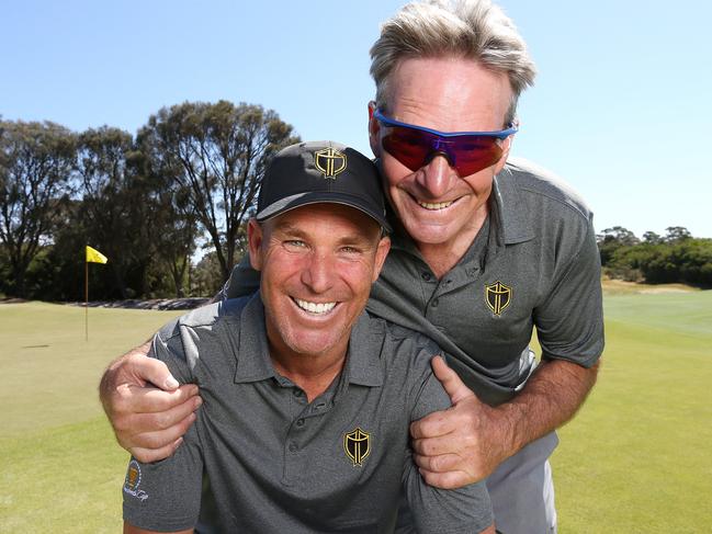 Shane Warne and Sam Newman during the Presidents Cup celebrity golf day. Picture: Michael Klein