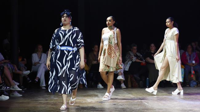 Models wear designs by the Tafe Cultural Arts students at the Cairns Indigenous Art Fair fashion performance, Woven, held at the Tanks Arts Centre, Edge Hill. Picture: Brendan Radke
