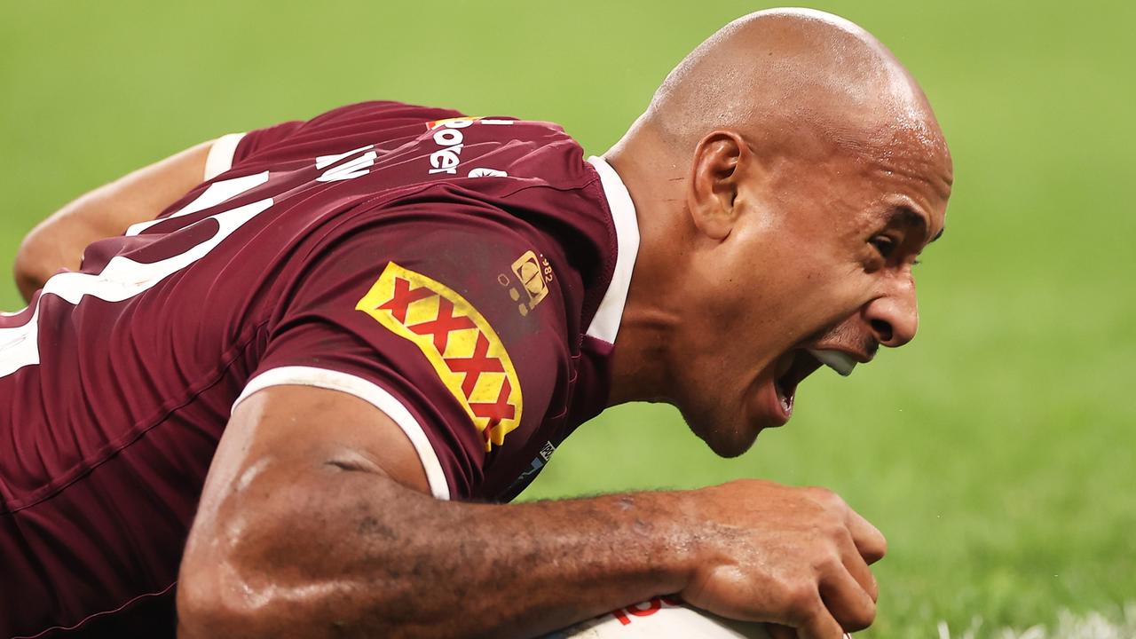 Felise Kaufusi celebrates scoring Queensland’s first try. Picture: Mark Kolbe/Getty