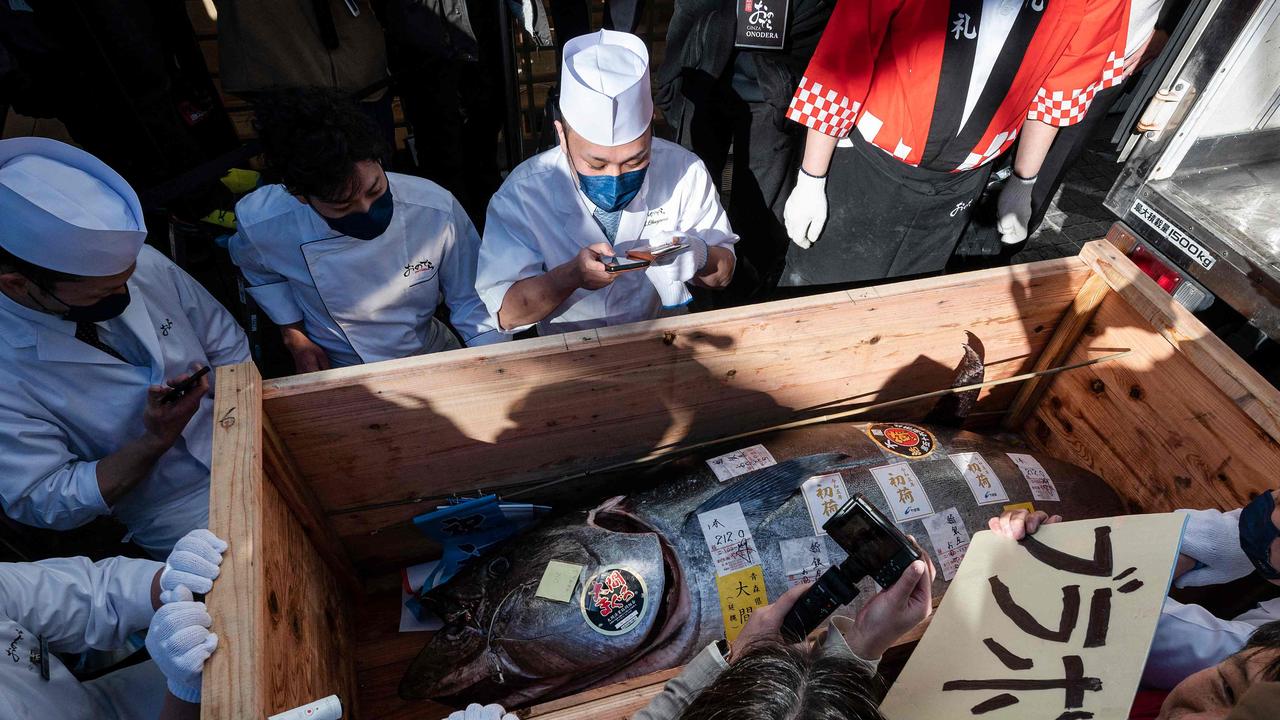 A crate holding a bluefin tuna - which was purchased earlier in the day for more than $1m at the first tuna auction of the New Year - is unloaded outside the Sushi Ginza Onodera main store in Omotesando, Tokyo, on January 5. Picture: Richard A. Brooks / AFP