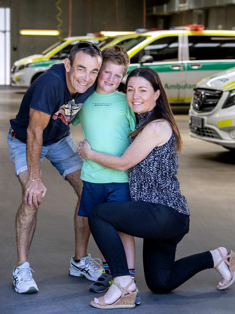 Proud parents Jason and Nicole with their lifesaving son Aiden, now aged 6. Picture: Mark Brake