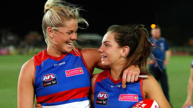 AFLW stars Katie Brennan and Monique Conti. Picture: Getty Images