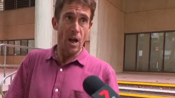 Ben Stuart Tierney, 45, of Manly, outside the Sydney Police Centre at Surry Hills, where he was released on bail after being charged with assaulting two police officers on The Corso at Manly on Friday, January 22, 2021. Picture: Channel 7News