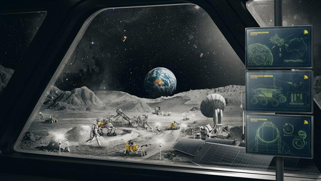 An artist’s impression showcasing how an Australian-made rover could contribute to a bigger international exploration program on the moon. Picture: Supplied