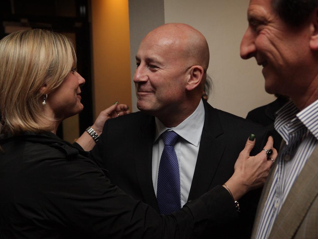 January, 2012: Former NSW premier Kristina Keneally congratulates Opposition Leader John Robertson upon the win of Ron Honeig (in foregfround) of her old seat of Heffron, in Sydney's south.