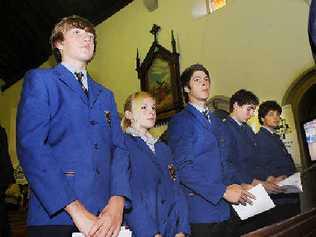 Liam Giles (left), Kodie Saywell, Craig Pirlo, Matthew Toohey and Joshua Dardengo from Trinity Catholic College during a ceremony at St Carthage’s Cathedral. Picture: Jacklyn Wagner