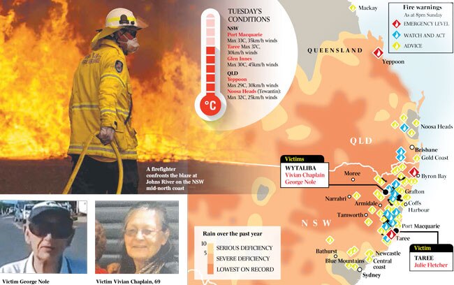 A map showing the fires raging in NSW and Queensland.