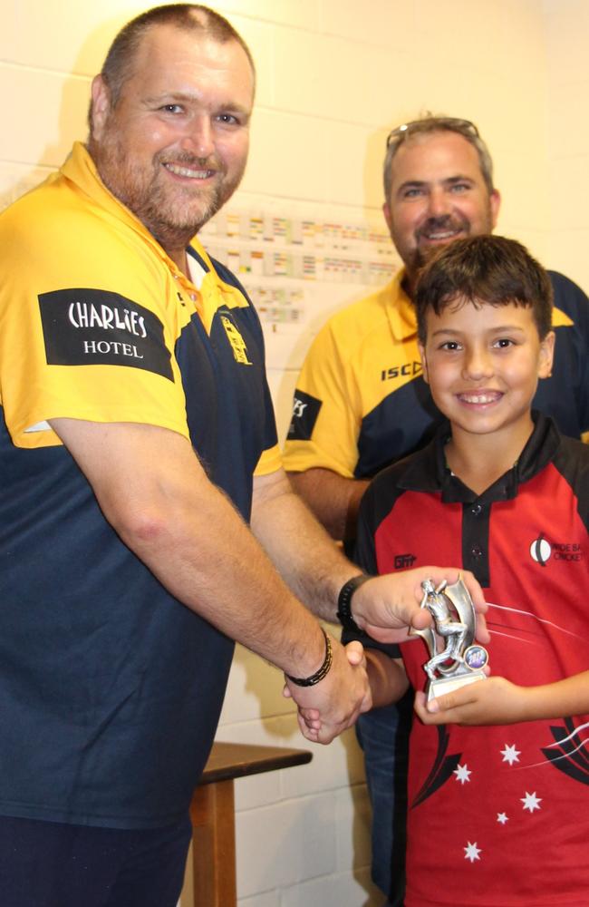 Wayde Goatham Congratulates Under 12 Bowling Average and Aggregate Winner Cooper Sorrell. Picture: Supplied