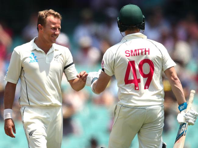 Neil Wagner and Steve Smith’s playful fist bump after Smith finally got off the mark. Picture. Phil Hillyard