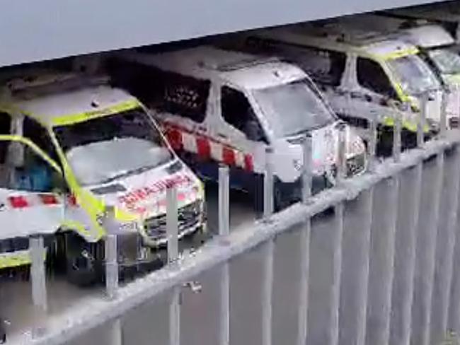 The ambulances were filmed banked up outside the Maroondah Hospital