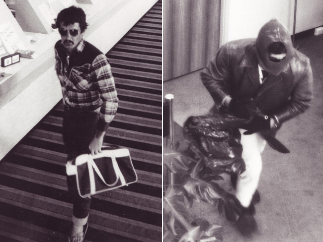 Left, a moustache-and-sunnies bandit at a Perth building society fund in 1983. Right, a masked chino-wearing robber at a National Australia Bank in Fitzroy in 1988.