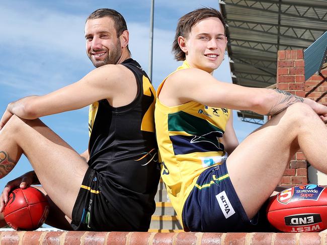 SANFL - Wednesday, 26th August, 2020 - SANFL footballers and cousins. Glenelg's Rulla Kelly-Mansell and Eagles' Ryan Mansell at the Bay oval. Picture: Sarah Reed