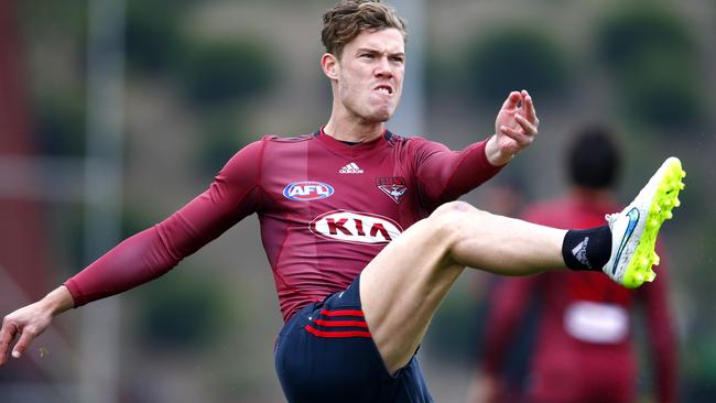 Jake Melksham kicks at goal at Essendon training. Picture: Michael Klein