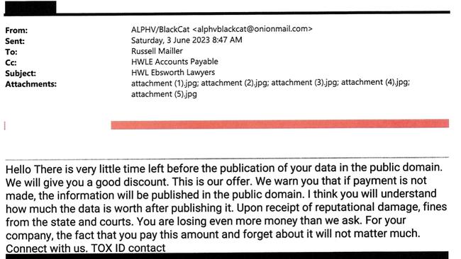 Ransom demands sent to law firm HWL Ebsworth after 4 terabytes of data were stolen by Russian hackers. Picture: Supreme Court of NSW