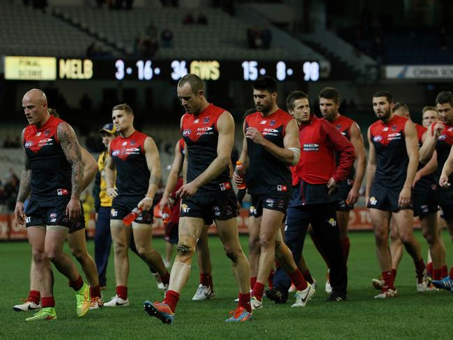 The scoreboard says it all as Nathan Jones and Daniel Cross lead Melbourne off the MCG turf. Picture: George Salpigtidis