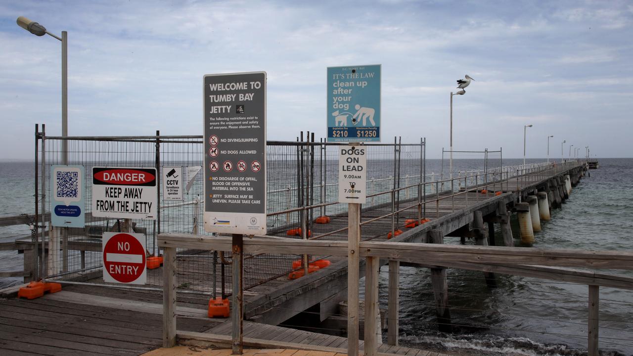 At Tumby Bay jetty, closed for two summers, only a pelican can access the structure. Picture Dean Martin