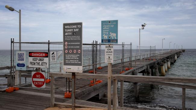 At Tumby Bay jetty, closed for two summers, only a pelican can access the structure. Picture Dean Martin