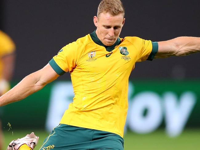 SAPPORO, JAPAN - SEPTEMBER 21: Reece Hodge of Australia kicks a conversion during the Rugby World Cup 2019 Group D game between Australia and Fiji at Sapporo Dome on September 21, 2019 in Sapporo, Hokkaido, Japan. (Photo by Mark Kolbe/Getty Images)