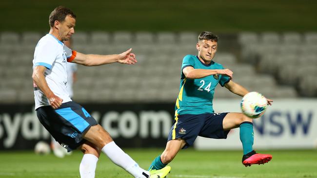 Jordan O'Doherty playing for the Olyroos under 23 side against Sydney FC last week.