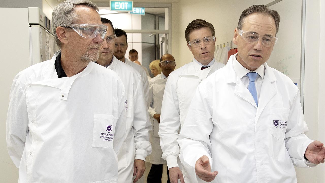 Queensland University Professor Paul Young with Federal Health Minister Greg Hunt in 2020 when the university was in Phase 1 of clinical trials for its Covid-19 vaccine. Picture: NCA NewsWire/Sarah Marshall