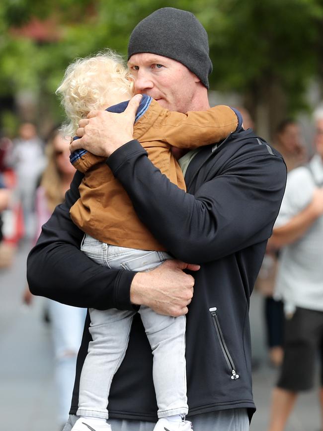 Barry Hall with son Miller outside Crown casino. Picture: Michael Klein