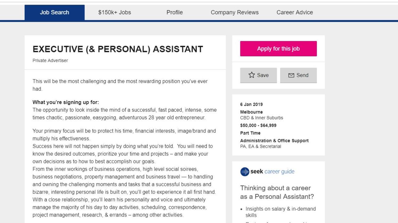 The ad on Seek says the part-time position is not for those who want to clock in and clock out.