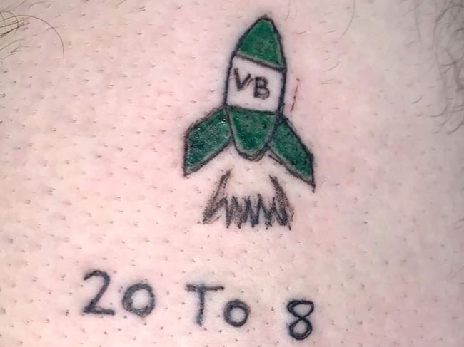 This is part of Liam Dark’s tatt, which has made it into the Top 10 of our Territory’s Shittest Tatt search. All Liam would say in his defence was, ‘My missus did it’. Picture: Chloe Mollross