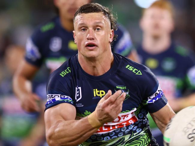 CANBERRA, AUSTRALIA - MAY 29: Jack Wighton of the Raiders passes during the round 12 NRL match between the Canberra Raiders and the Parramatta Eels at GIO Stadium, on May 29, 2022, in Canberra, Australia. (Photo by Mark Nolan/Getty Images)