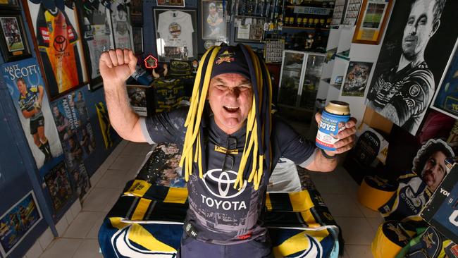 Darryl Serruier at his Cowboys man cave at his Kirwan home. Picture: Evan Morgan