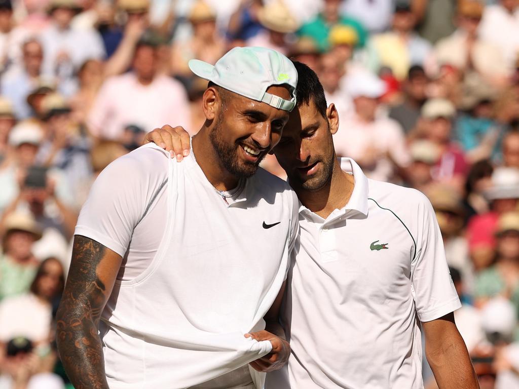 Novak Djokovic of Serbia and Nick Kyrgios interact by the net following the final. Picture: Ryan Pierse/Getty Images