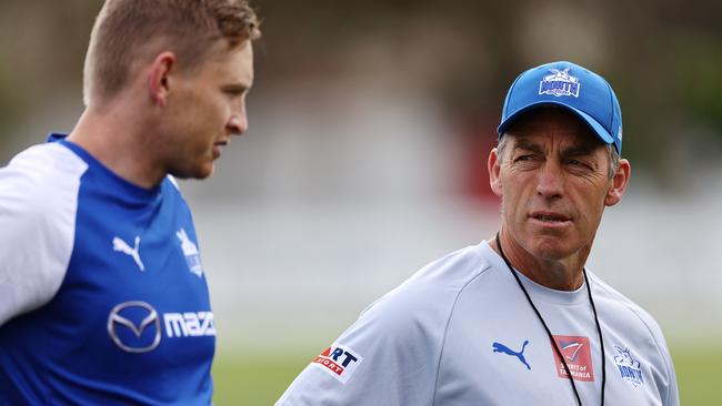 North Melbourne training at Arden St. North Melbourne coach Alastair Clarkson talks with Jack Ziebell at training today. Picture: Michael Klein