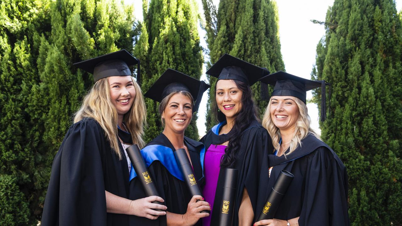 Bachelor of Nursing graduates (from left) Stacey Spencer, Natasha May, Wenonah Byrne and Sarah Atkinson at the UniSQ graduation ceremony at Empire Theatres, Wednesday, December 14, 2022.