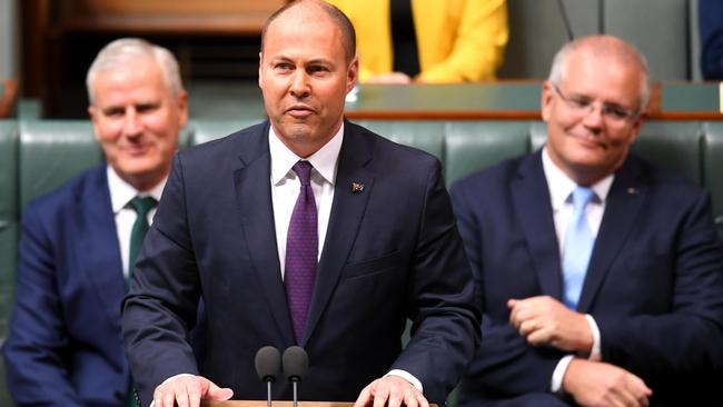 Treasurer Josh Frydenberg handing down his first Federal Budget. Picture: AAP Image/Lukas Coch