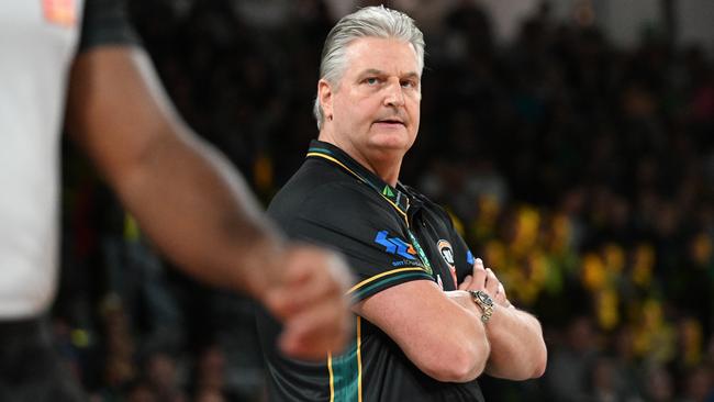 LAUNCESTON, AUSTRALIA - OCTOBER 18: Scott Roth, Head Coach of the Jackjumpers reacts during the round five NBL match between Tasmania Jackjumpers and Sydney Kings at Silverdome, on October 18, 2024, in Launceston, Australia. (Photo by Steve Bell/Getty Images)