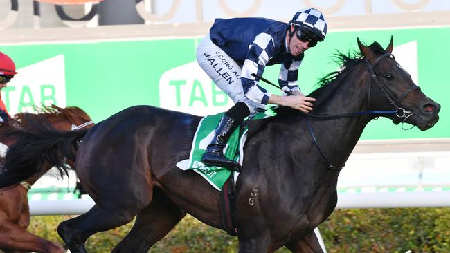 South Australian Derby winner Russian Camelot is a big threat to Vow And Declare’s chances of a Melbourne Cup repeat. Picture: AAP