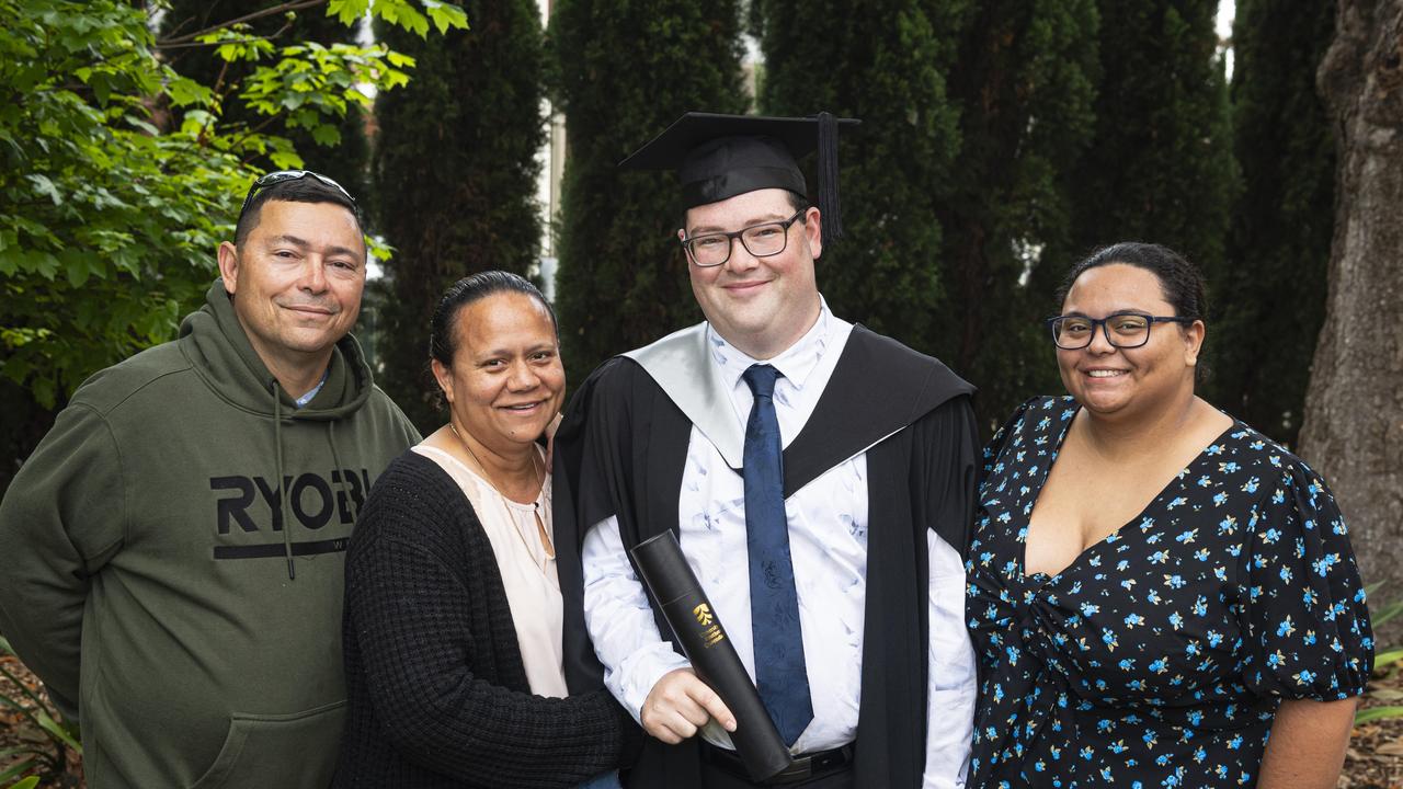 Bachelor of Business and Commerce graduate Jordi Scope with parents-in-law Kevin and Chilian Fogarty and wife Shynaya Scope at a UniSQ graduation ceremony at The Empire, Wednesday, October 30, 2024. Picture: Kevin Farmer