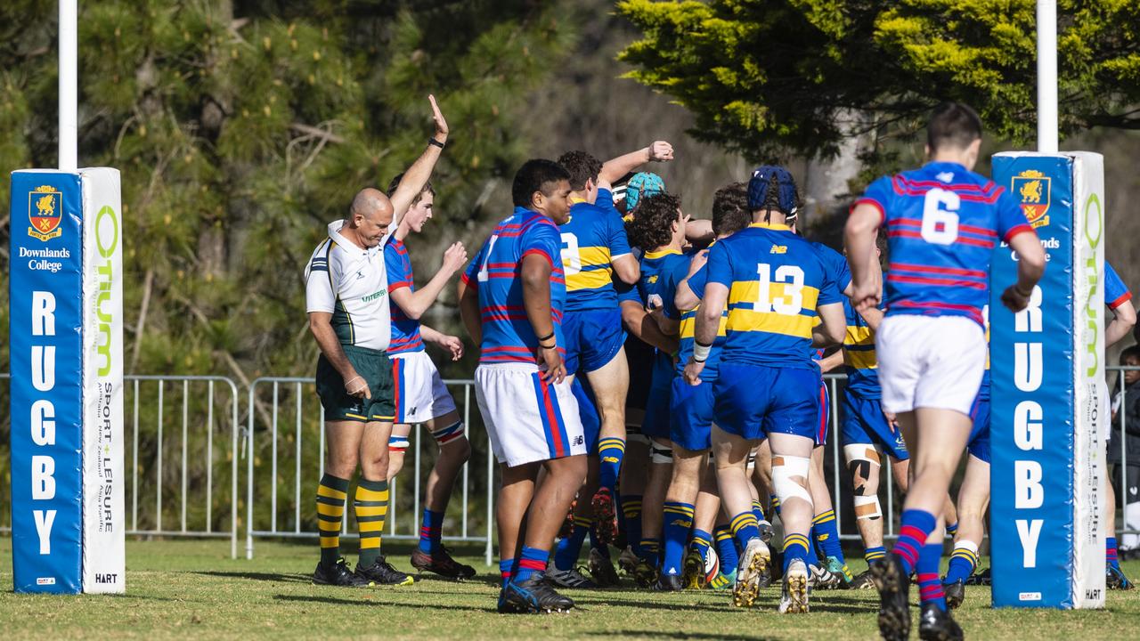 Grammar get an early try against Downlands in O'Callaghan Cup on Grammar Downlands Day at Downlands College, Saturday, August 6, 2022. Picture: Kevin Farmer