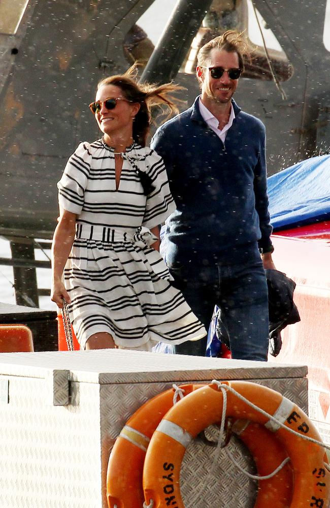 Newlyweds Pippa Middleton and James Matthews arriving via a seaplane at Rose Bay Wharf. Picture: Hollie Adams/The Australian