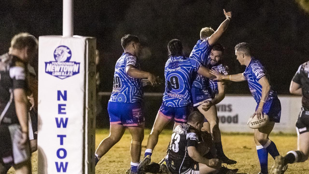 Newtown celebrate a Jay Melrose try against Oakey in a TRL A -grade round 12 rugby league at Jack Martin Centre in 2021. Picture: Kevin Farmer