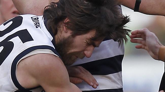 Marcus Angove makes a tackle for Lockington Bamawm United. Picture: Yuri Kouzmin