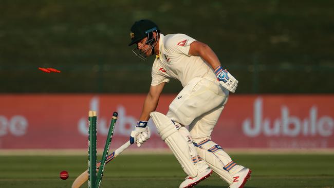 Aaron Finch has some work to do on day two after quick wickets soured Australia’s day in the field. Picture: AFP