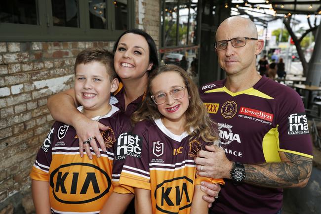 Jaxon Whalley, 9, Amba Whalley, Eden Whalley, 13, and Troy Whalley pictured at the Broncos v Rabbitohs, round 1, on Caxton Street, Brisbane 11th of March 2022. This is the first game for the BroncosÃ• season.