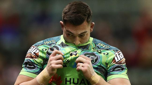 Canberra winger Nick Cotric after being sent off for a dangerous tackle against St George Illawarra in round 17. Picture: Mark Metcalfe/Getty Images